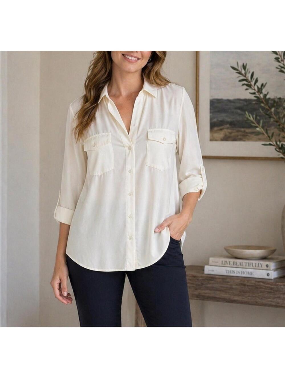 J McLaughlin Ivory Blouse XL Stretch Button Down Polyester Spandex Office Top